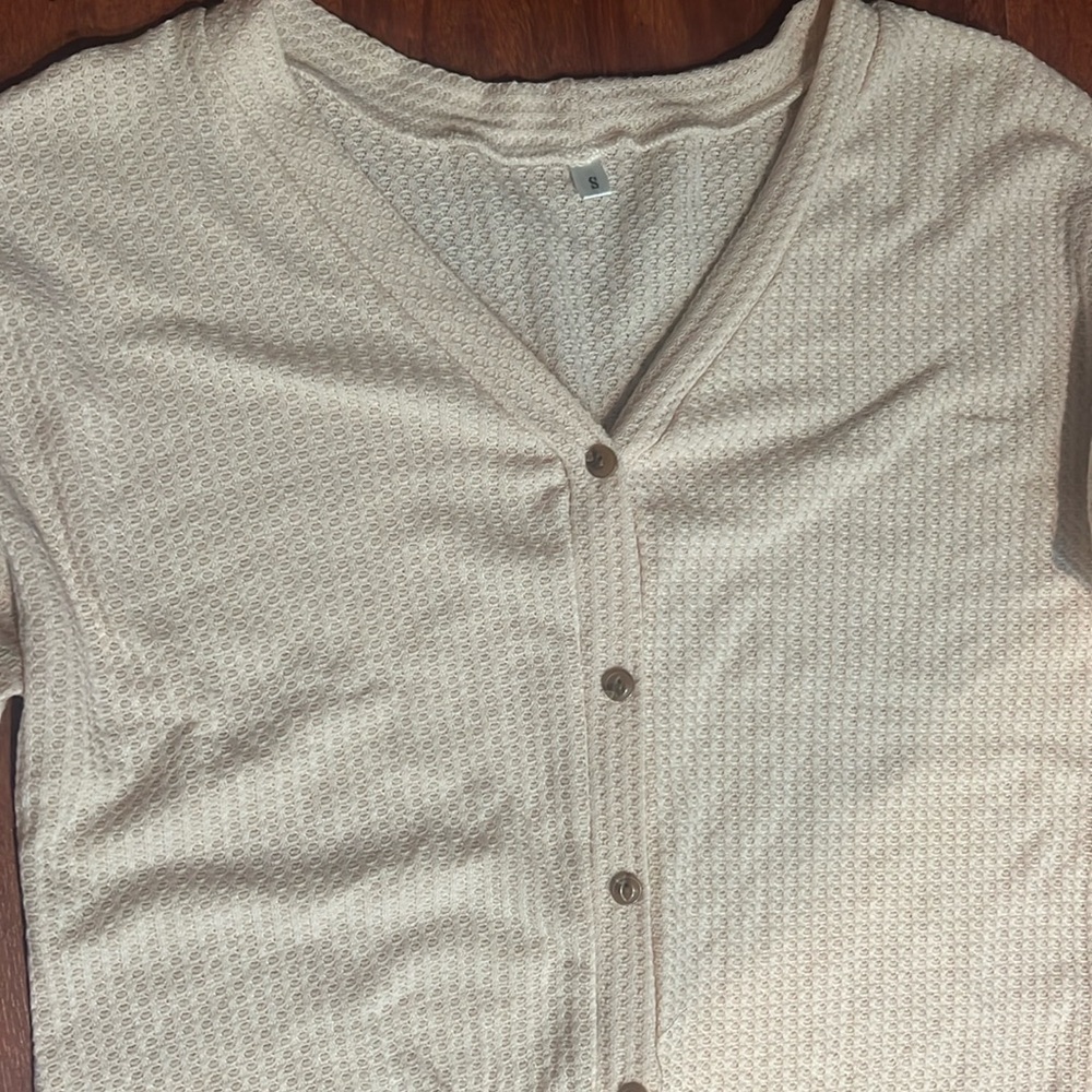 size small Amazon waffle knit cream button-down long sleeve tee - Picture 3 of 5